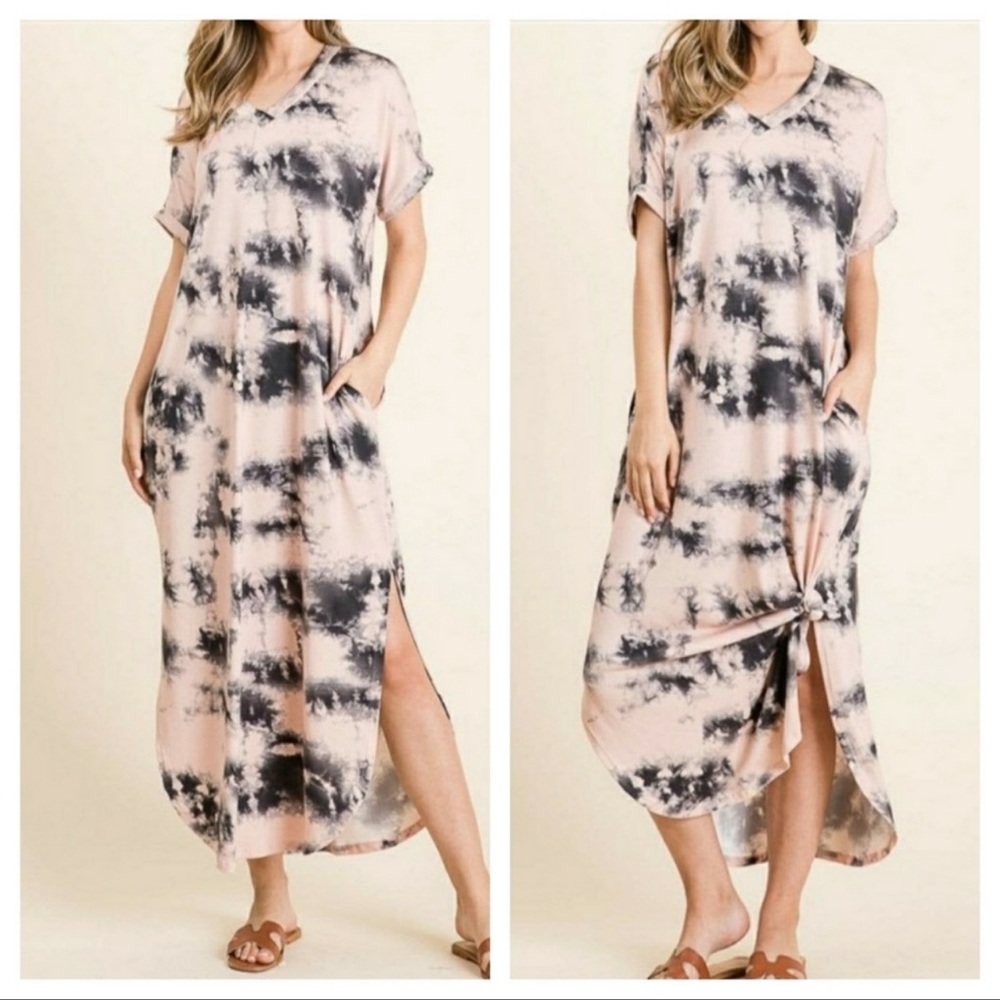 Tie Dye Peach and Black Maxi Dress with Pockets